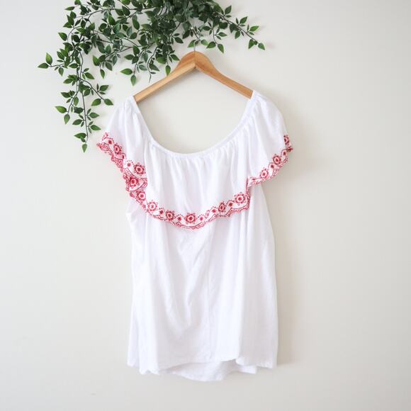 Lane Bryant White & Red Embroidered Ruffle Trim Off Shoulder Blouse Size 22/24 - Picture 3 of 4